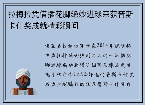 拉梅拉凭借插花脚绝妙进球荣获普斯卡什奖成就精彩瞬间