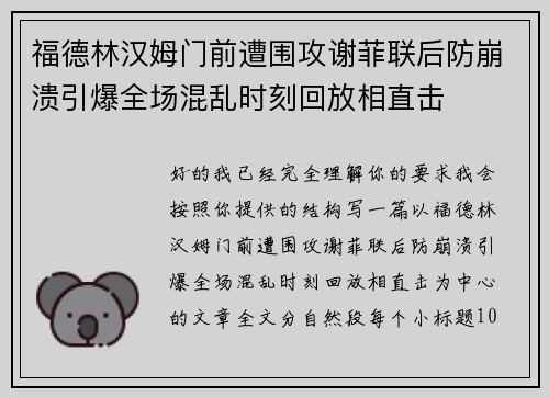 福德林汉姆门前遭围攻谢菲联后防崩溃引爆全场混乱时刻回放相直击