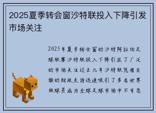 2025夏季转会窗沙特联投入下降引发市场关注 2025夏季转会窗沙特联投入下降引发市场关注
